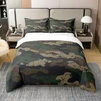 OEM Ensemble de housses de couette 200 x 200 cm, 100 % coton, motif camouflage, couleur verte, comprenant 1 taie d'oreiller