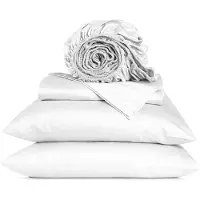 OEM Jeu de draps plat Queen, 4 pièces, 800 fils au pouce, satin, blanc