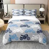 OEM Housse de lit 100% coton, motif moto, bleu et blanc, simple