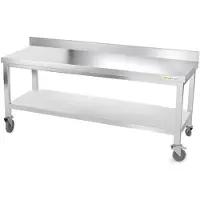 GOLDINOX Table de travail en inox soubassement 1800 x 600 mm adossée sur roulettes PREMIUM -