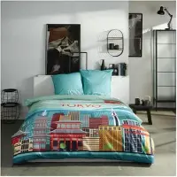 TODAY Parure de lit - - JAVA - Taille du lit double - 240 x 220 cm - Coton - Motif Tokyo - Bleu