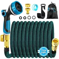 Merkloos Tuyau d'arrosage flexible jardin - 15 m - Raccords laiton 3/4 et 1/2 pouce - Bleu-noir - 10 arroseurs