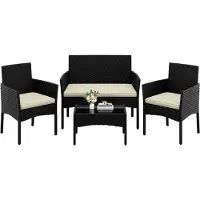 Merkloos Ensemble de salon de jardin lounge - 4 pièces - Résine tressée polyrotin - Noir et beige - Pour balcon et terrasse