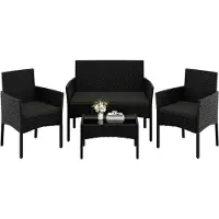 Merkloos Salon de jardin - Résine tressée - Noir et gris - 4 pièces avec canapé 2 places, 2 fauteuils et table