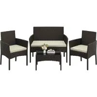 Merkloos Ensemble de mobilier de jardin - Résine tressée - Canapé 2 places et 2 fauteuils - Marron et beige - Avec table d'appoint en verre
