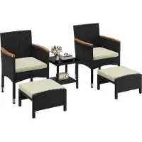 Merkloos Salon de jardin rotin - Ensemble 5 pièces - Fauteuils avec tabourets - Table basse en verre - Noir et beige - Pour 2 personnes