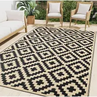Smiry Tapis d'extérieur résistant aux intempéries, 180x270 cm, noir et beige, double face, fabriqué à partir de tubes de plastique recyclés, résistant aux UV, lavable