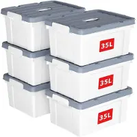 Merkloos Boîte de rangement avec couvercle - Bac de rangement en plastique - 35 litres - Lot de 6 - Opaque - Empilable