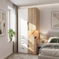 Flieks Armoire avec étagères, penderie, éclairage LED et tiroirs, meuble haut avec portes, dimensions 90x49x200 cm, couleur blanc et bois naturel, en bois