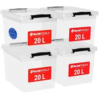 Merkloos Boîte de rangement Bac de rangement alimentaire - Lot de 4 - 20 litres - Transparent avec couvercle et clips de fermeture - Contact alimentaire
