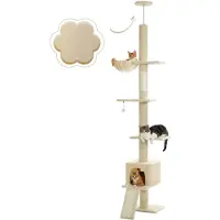 Merkloos Griffoir pour chat, de plancher à plafond - Réglable de 216 à 273 cm - Avec filet suspendu et nichoirs - Beige