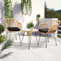 Selius Ensemble de jardin et balcon, 3 pièces, couleur noire, aspect naturel, en polyrotin et acier, pour intérieur et extérieur