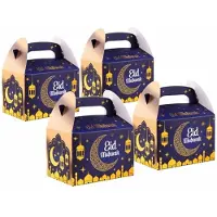 Markenlos Coffret de boîtes cadeaux pliables "Eid Mubarak" - Ensemble de 4 pièces avec poignée de transport (15 x 10 x 10 cm) - Boîtes en carton de haute qualité avec un design festif