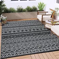 Sonstiges Tapis d'extérieur 240x300 cm, réversible, noir et blanc, motif géométrique, fabriqué en polypropylène recyclé