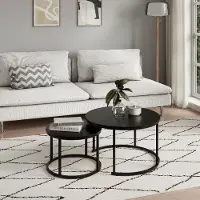 Home Collective Table basse ronde, set de 2 tables en bois, table de salon moderne en noir, set de tables d'appoint 2 en 1 avec structure métallique pour le salon