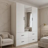 INONEFT Armoire avec 4 tiroirs et 2 portes, dimensions 130 x 51,8 x 181,5 cm. Armoire moderne avec miroir, idéale pour la chambre, avec portes battantes, de couleur blanche