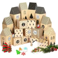 OCreon Calendrier de l'Avent à remplir - Coffret de 24 pièces - Motifs : maisons, boîtes, coffrets de Noël, boîtes cadeaux - Matériau : carton - Idéal pour les activités manuelles