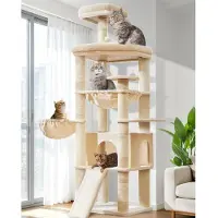 Merkloos Arbre à chat XXL - 183 cm - Beige - 5 griffoirs - Hamac et panier