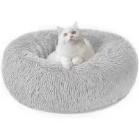 Markenlos Lit rond pour chien ou chat, en peluche moelleuse, forme de donut, coussin douillet, lavable, tailles M/L/XL, couleur gris clair