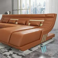 AEA Canapé d'angle en cuir, design moderne, forme en L, couleur orange, éclairage LED, idéal pour un salon