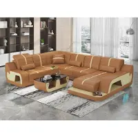 AEA Canapé d'angle en cuir, forme en U, design moderne, couleur orange. Ensemble de salon design