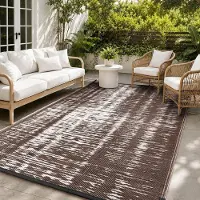 Treeboy Tapis d'extérieur résistant aux intempéries, idéal pour le camping, la terrasse, le balcon. Couleur : café et blanc. Dimensions : 375 x 365 cm