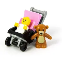 LEGO Mini-figurine de bébé dans une poussette, avec des figurines d'animaux en peluche