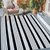 Sonstiges Tapis d'extérieur à rayures, en coton tissé, lavable en machine, dimensions 121 x 183 cm, noir et blanc